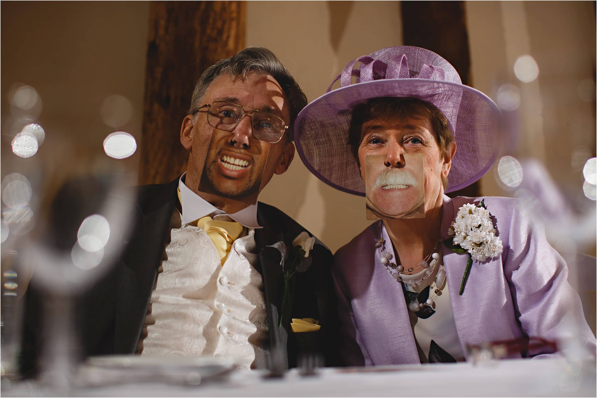 parents wearing funny masks